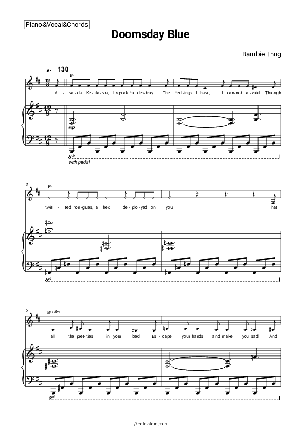 Doomsday Blue - Bambie Thug Piano Sheet Music with the Vocal and Chords - Piano&Vocal&Chords