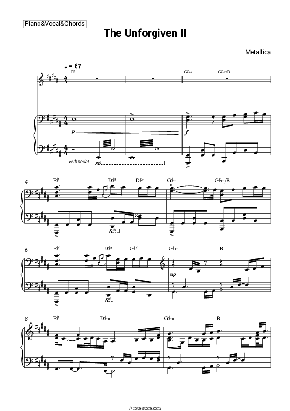 The Unforgiven II - Metallica Piano Sheet Music with the Vocal and Chords - Piano&Vocal&Chords