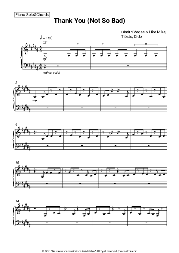 Thank You (Not So Bad) - Dimitri Vegas & Like Mike, Tiësto, Dido Piano Sheet Music and Chords - Piano.Solo&Chords