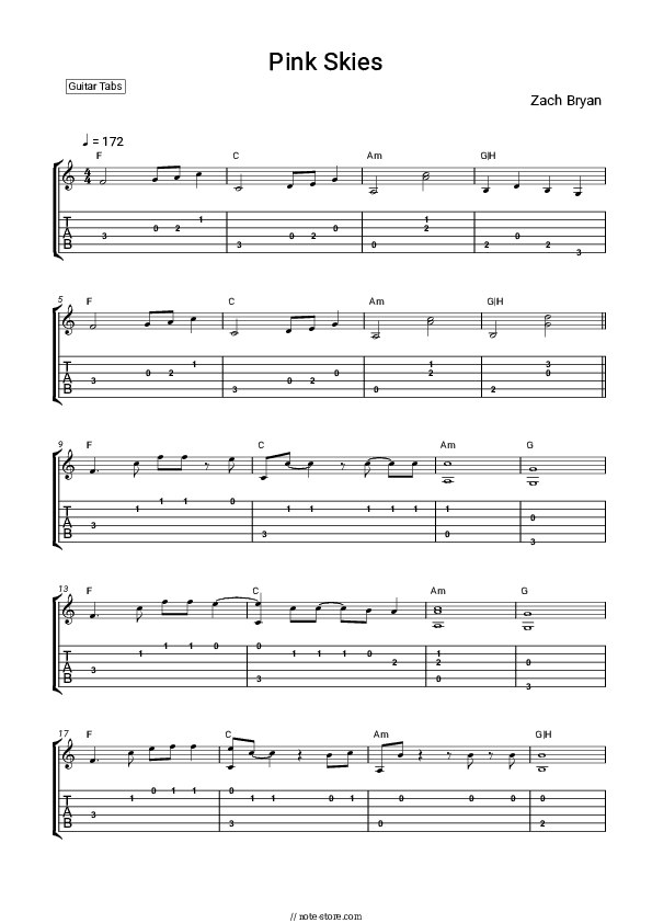 Pink Skies - Zach Bryan Tabs Easy - Guitar.Tab.Easy