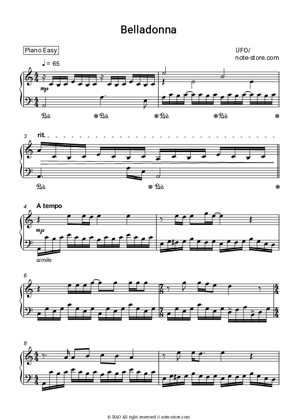Belladonna - UFO Piano Sheet Music Easy - Piano.Easy