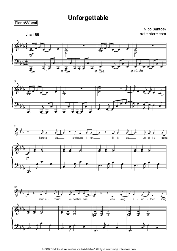 Unforgettable - Nico Santos Piano Sheet Music with the Voice part - Piano&Vocal