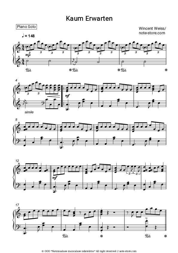 Kaum Erwarten - Wincent Weiss Piano Sheet Music - Piano.Solo