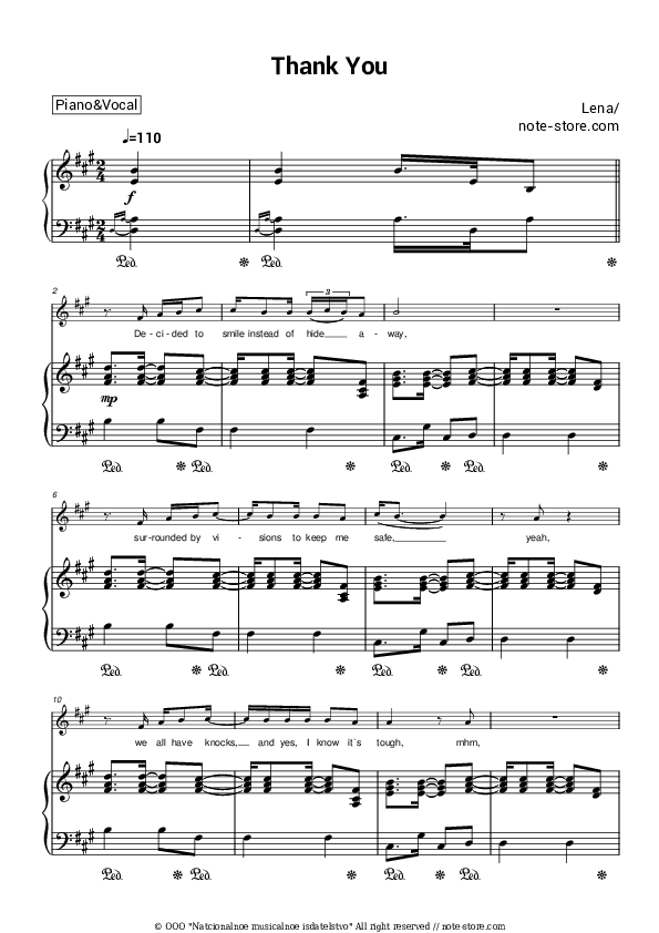 thank you - Lena Piano Sheet Music with the Voice part - Piano&Vocal