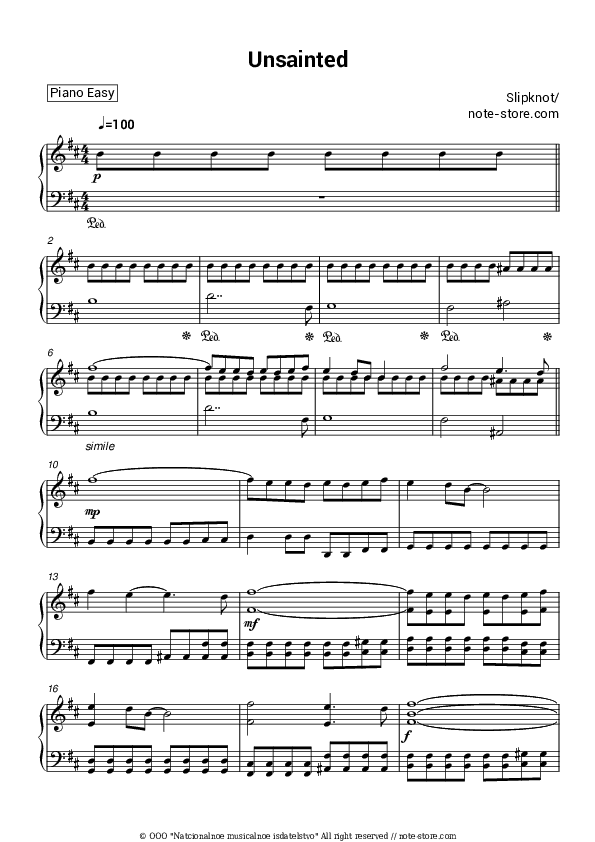 Unsainted - Slipknot Piano Sheet Music Easy - Piano.Easy