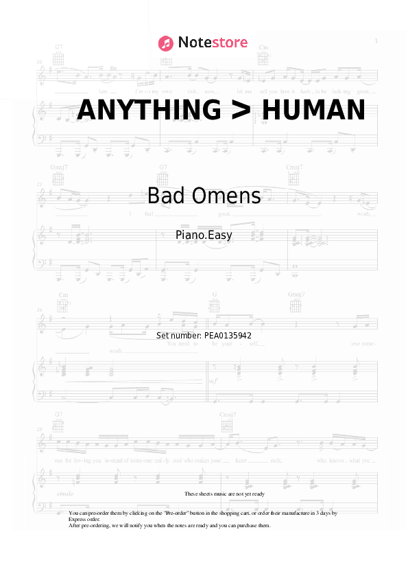 ANYTHING ᐳ HUMAN - Bad Omens, ERRA Piano Sheet Music Easy - Piano.Easy