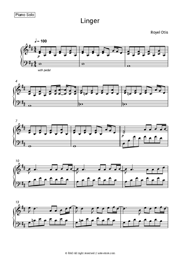 Linger - Royel Otis Piano Sheet Music - Piano.Solo