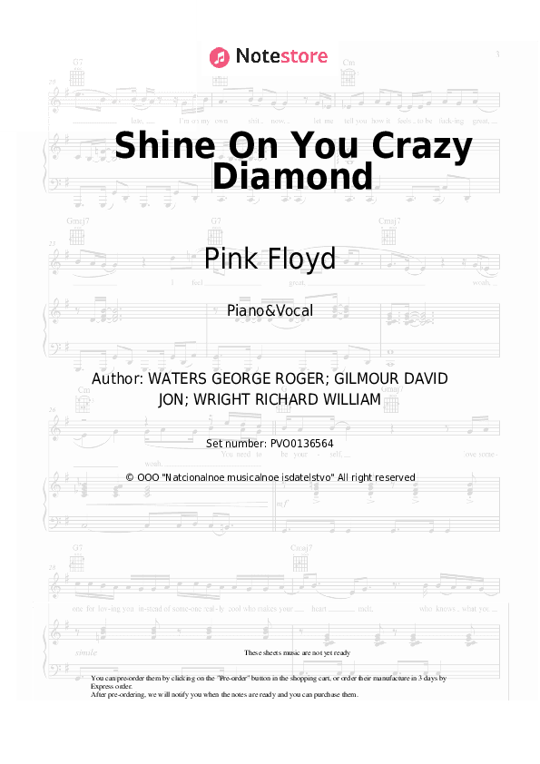 Shine On You Crazy Diamond - Pink Floyd Piano Sheet Music with the Voice part - Piano&Vocal