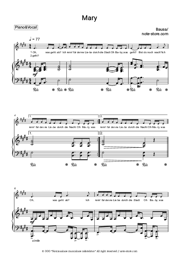 Mary - Bausa Piano Sheet Music with the Voice part - Piano&Vocal