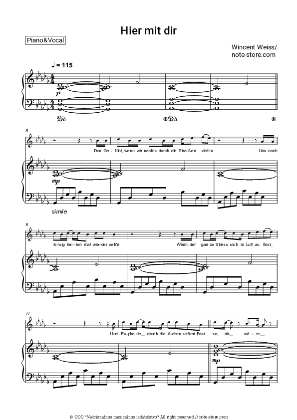 Hier mit dir - Wincent Weiss Piano Sheet Music with the Voice part - Piano&Vocal