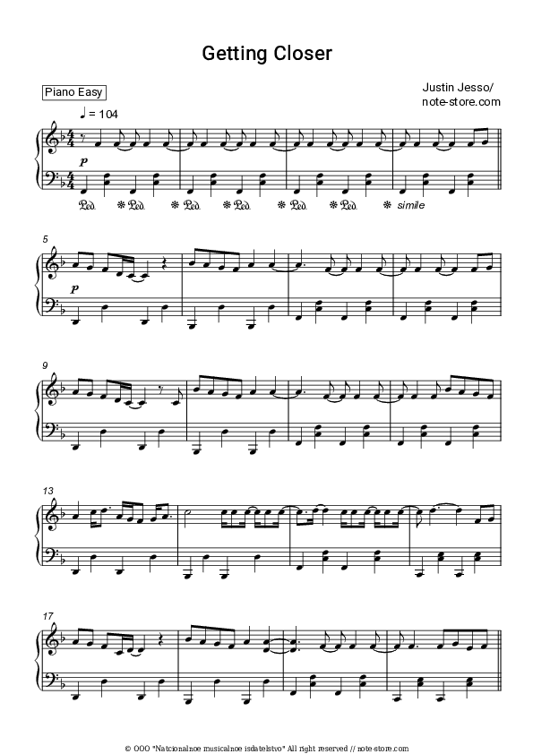 Getting Closer - Justin Jesso Piano Sheet Music Easy - Piano.Easy