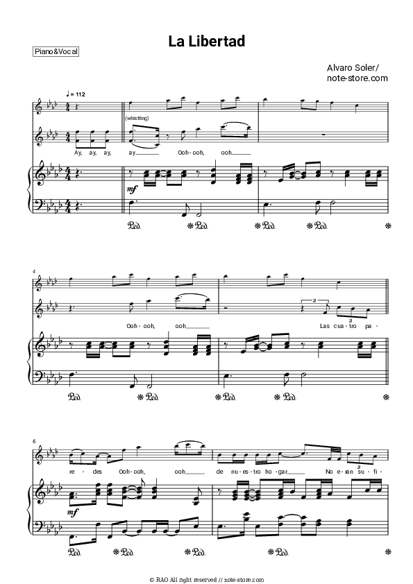 La Libertad - Alvaro Soler Piano Sheet Music with the Voice part - Piano&Vocal