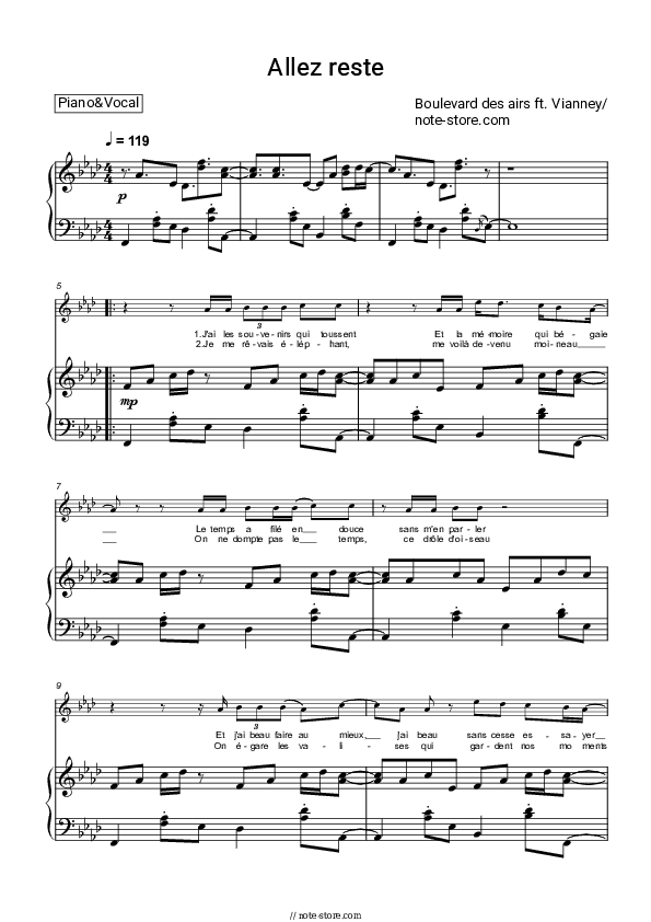 Allez reste - Boulevard des airs, Vianney Piano Sheet Music with the Voice part - Piano&Vocal