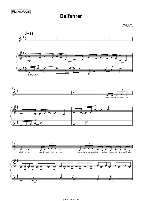 Beifahrer - AYLIVA Piano Sheet Music with the Voice part - Piano&Vocal