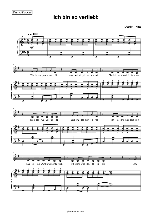 Ich bin nicht verliebt - Matthias Reim Piano Sheet Music with the Voice part - Piano&Vocal