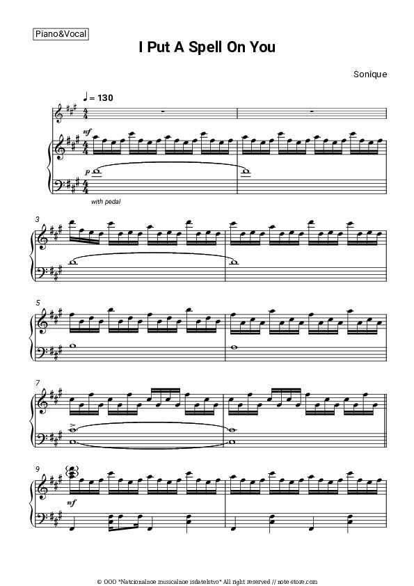 I Put A Spell On You - Sonique Piano Sheet Music with the Voice part - Piano&Vocal