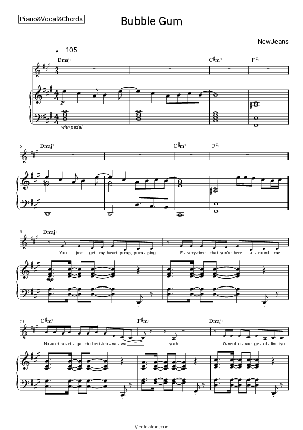 Bubble Gum - NewJeans Piano Sheet Music with the Vocal and Chords - Piano&Vocal&Chords