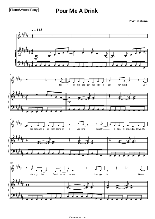 Pour Me A Drink - Post Malone Piano Sheet Music Easy and Vocal - Piano&Vocal.Easy