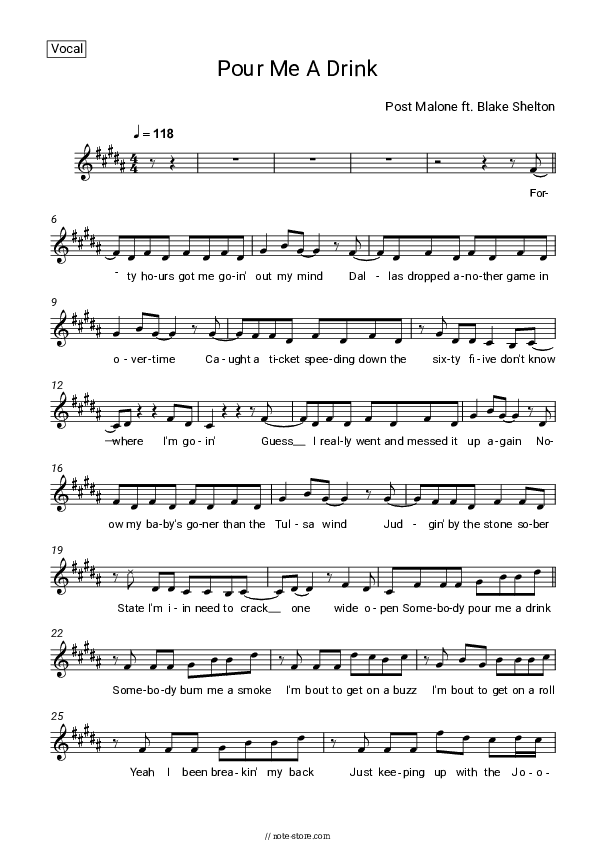 Pour Me A Drink - Post Malone Vocal Sheet Music - Vocal