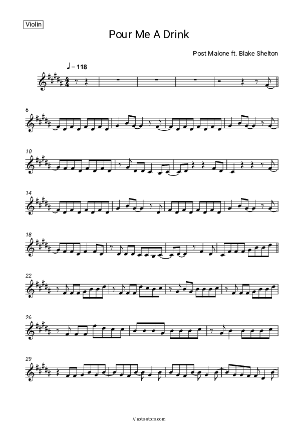 Pour Me A Drink - Post Malone Violin Sheet Music - Violin