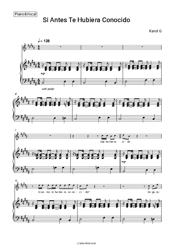 Si Antes Te Hubiera Conocido - Karol G Piano Sheet Music with the Voice part - Piano&Vocal