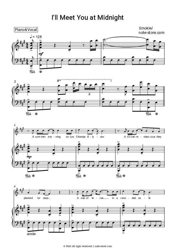 I'll Meet You At Midnight - Smokie, Chris Norman Piano Sheet Music with the Voice part - Piano&Vocal