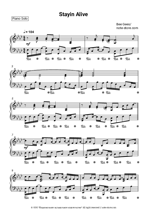 Stayin' Alive - Bee Gees Piano Sheet Music - Piano.Solo