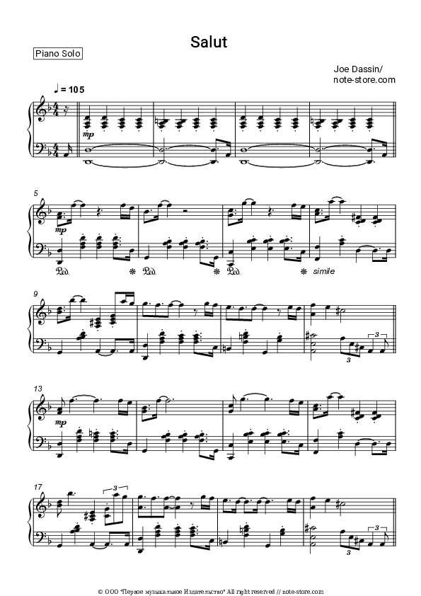 Salut - Joe Dassin Piano Sheet Music - Piano.Solo