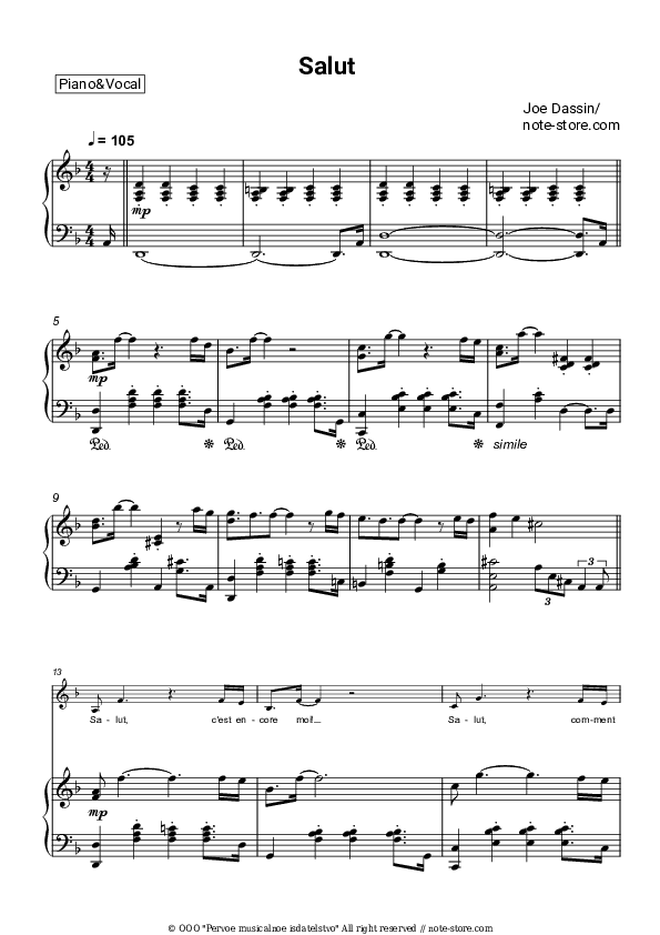 Salut - Joe Dassin Piano Sheet Music with the Voice part - Piano&Vocal