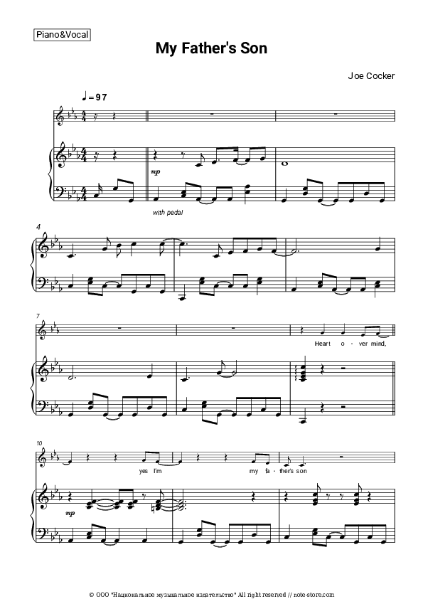 My Father's Son - Joe Cocker Piano Sheet Music with the Voice part - Piano&Vocal