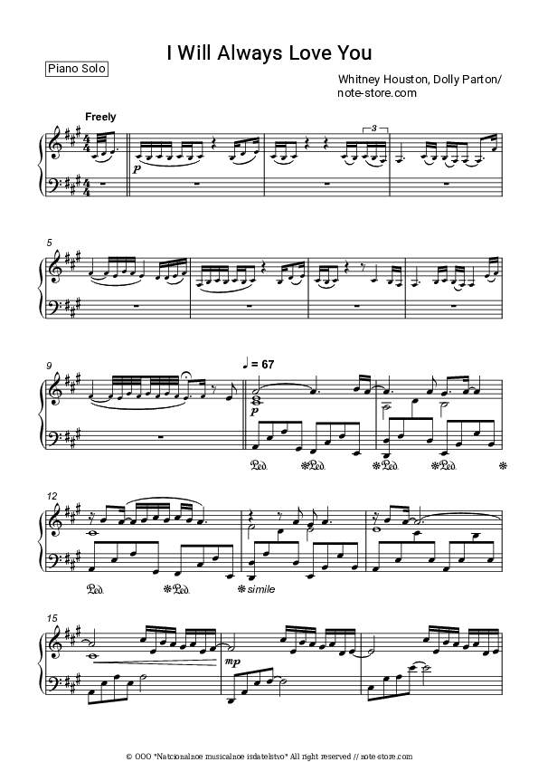 I Will Always Love You - Whitney Houston Piano Sheet Music - Piano.Solo