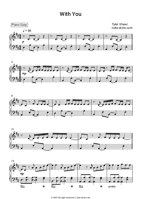 With You - Tyler Shaw Piano Sheet Music Easy - Piano.Easy