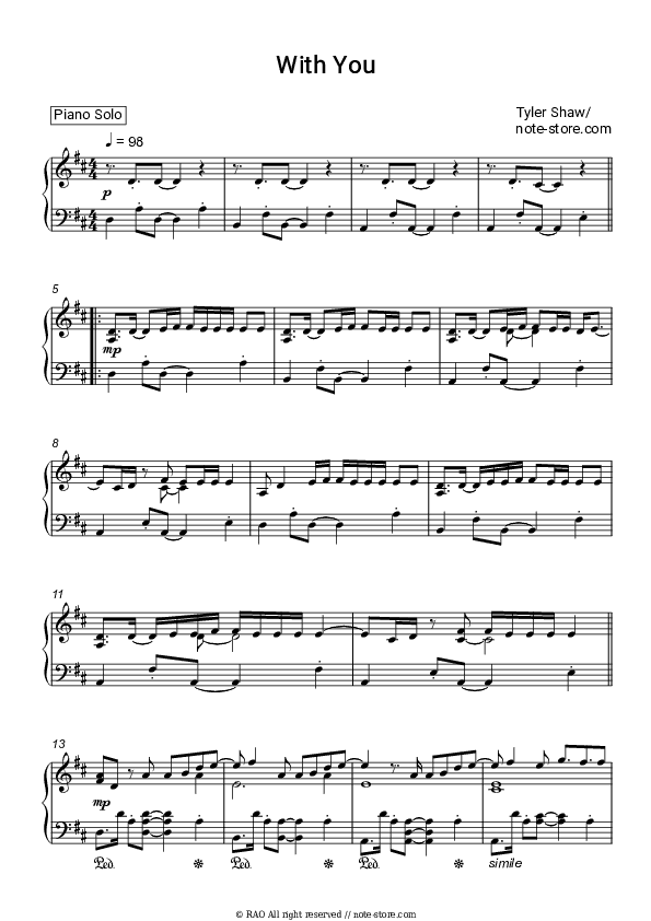 With You - Tyler Shaw Piano Sheet Music - Piano.Solo