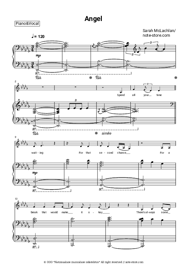 Angel - Sarah McLachlan Piano Sheet Music with the Voice part - Piano&Vocal