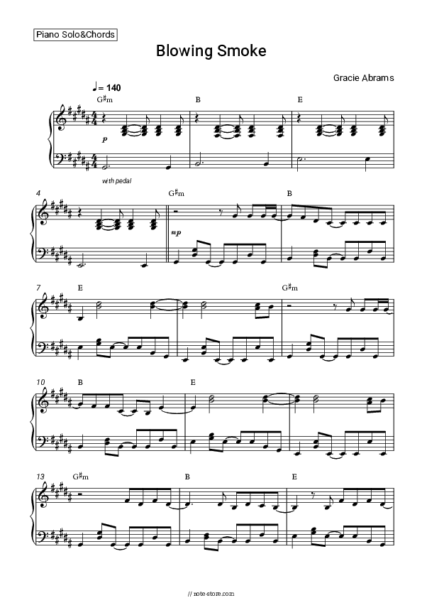 Blowing Smoke - Gracie Abrams Piano Sheet Music and Chords - Piano.Solo&Chords