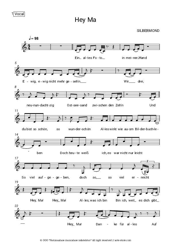 Hey Ma - Silbermond Vocal Sheet Music - Vocal