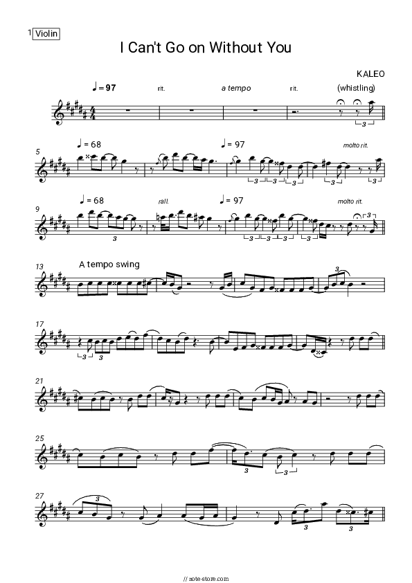 I Can’t Go On Without You - Kaleo Violin Sheet Music - Violin