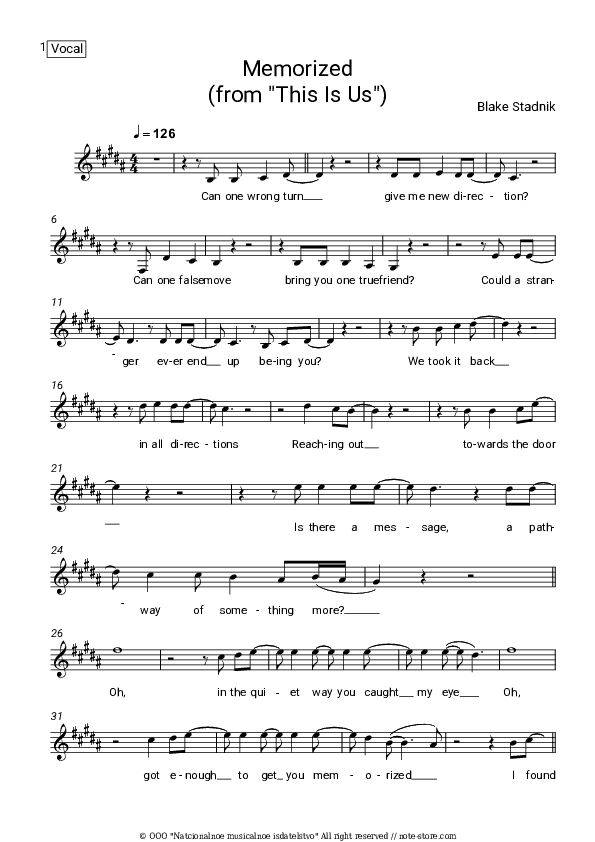 Memorized (From This Is Us) - Blake Stadnik Vocal Sheet Music - Vocal