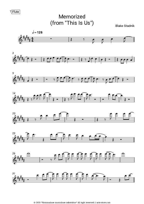 Memorized (From This Is Us) - Blake Stadnik Flute Sheet Music - Flute