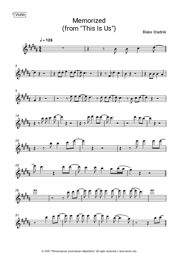 Memorized (From This Is Us) - Blake Stadnik Violin Sheet Music - Violin