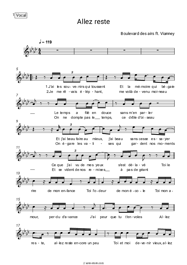 Allez reste - Boulevard des airs, Vianney Vocal Sheet Music - Vocal