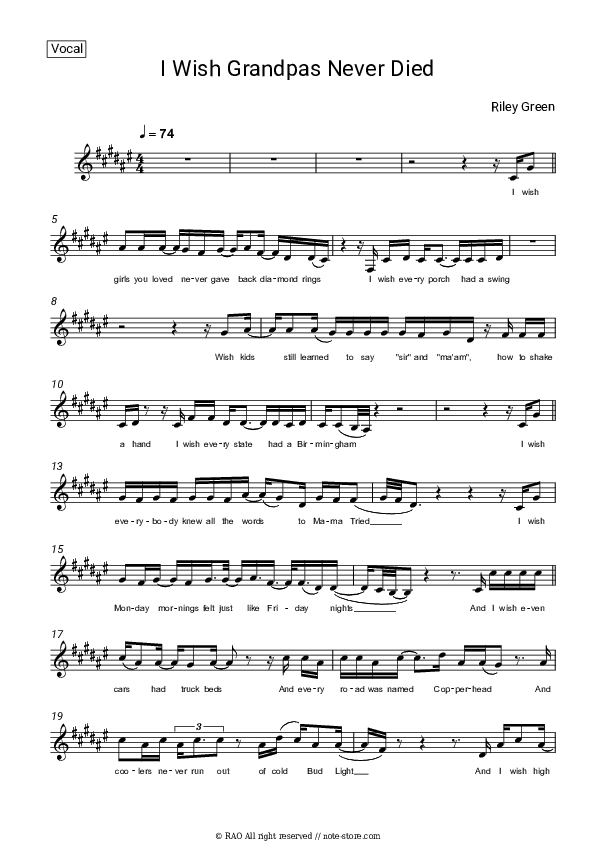 I Wish Grandpas Never Died - Riley Green Vocal Sheet Music - Vocal