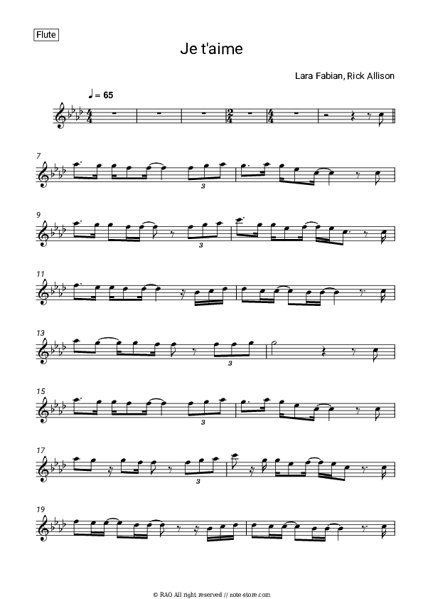 Je T'aime - Lara Fabian Flute Sheet Music - Flute