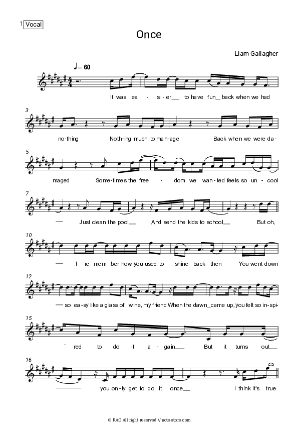 Once - Liam Gallagher Vocal Sheet Music - Vocal