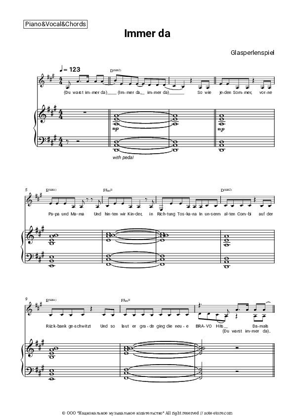 Immer da - Glasperlenspiel Piano Sheet Music with the Vocal and Chords - Piano&Vocal&Chords