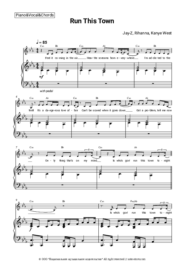 Run This Town - Jay-Z, Rihanna, Kanye West Piano Sheet Music with the Vocal and Chords - Piano&Vocal&Chords