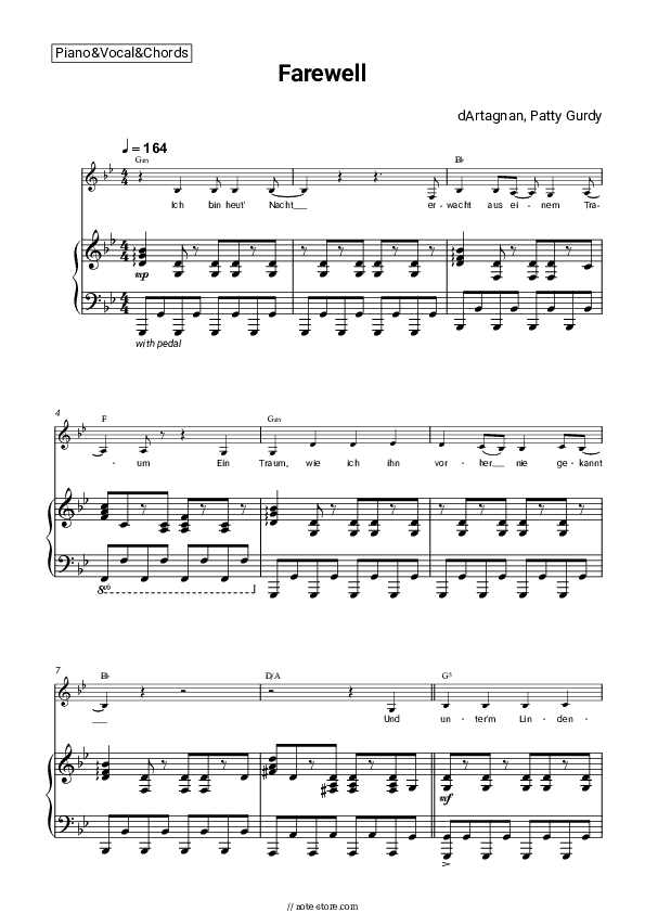 Farewell - dArtagnan, Patty Gurdy Piano Sheet Music with the Vocal and Chords - Piano&Vocal&Chords