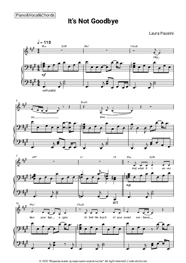 It's Not Good-Bye - Laura Pausini Piano Sheet Music with the Vocal and Chords - Piano&Vocal&Chords