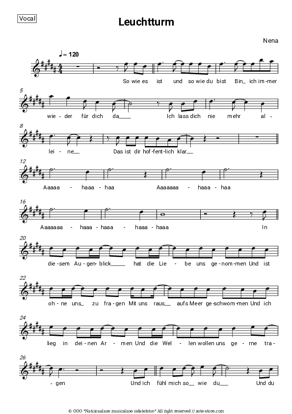 Leuchtturm - Nena Vocal Sheet Music - Vocal