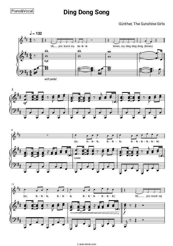 Ding Dong Song - Günther, The Sunshine Girls Piano Sheet Music with the Voice part - Piano&Vocal